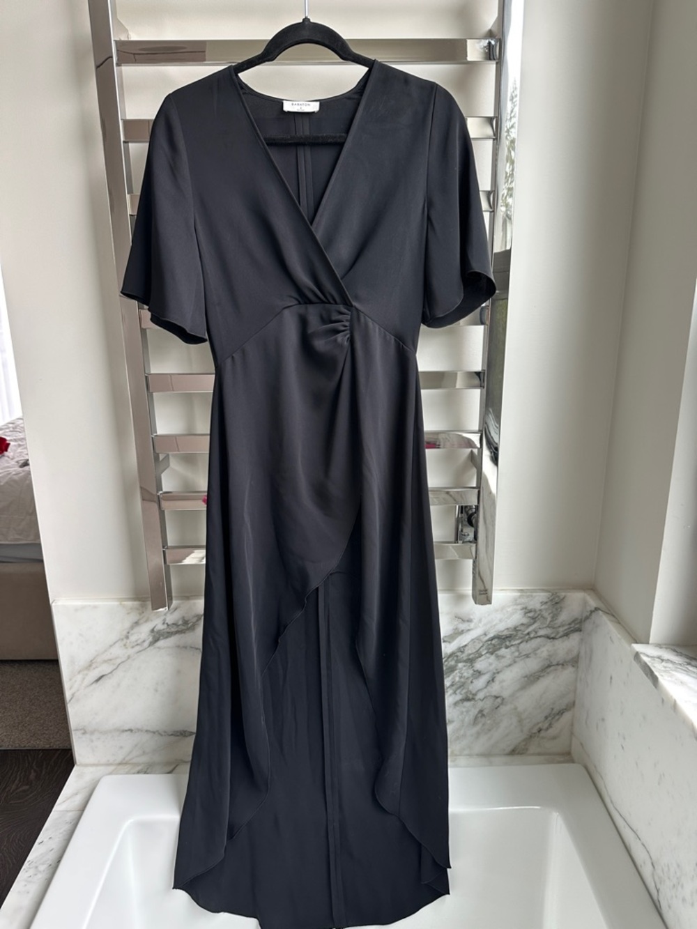 Black Babaton Wrap Midi Dress with Flutter Sleeves